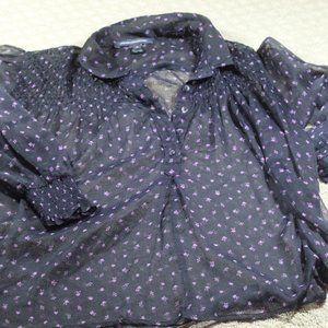 French Connection Size XS Sheer Navy Blue Patterned and Smocked Blouse